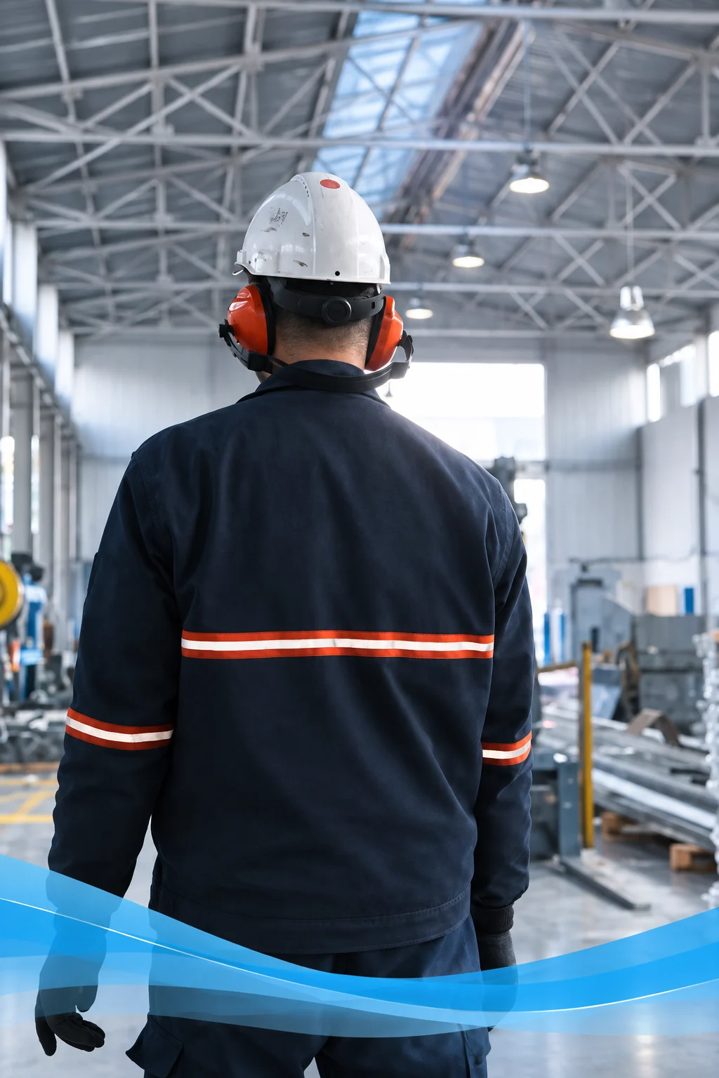 Mitarbeiter mit Schutzhelm und Gehörschutz in einer Produktionshalle